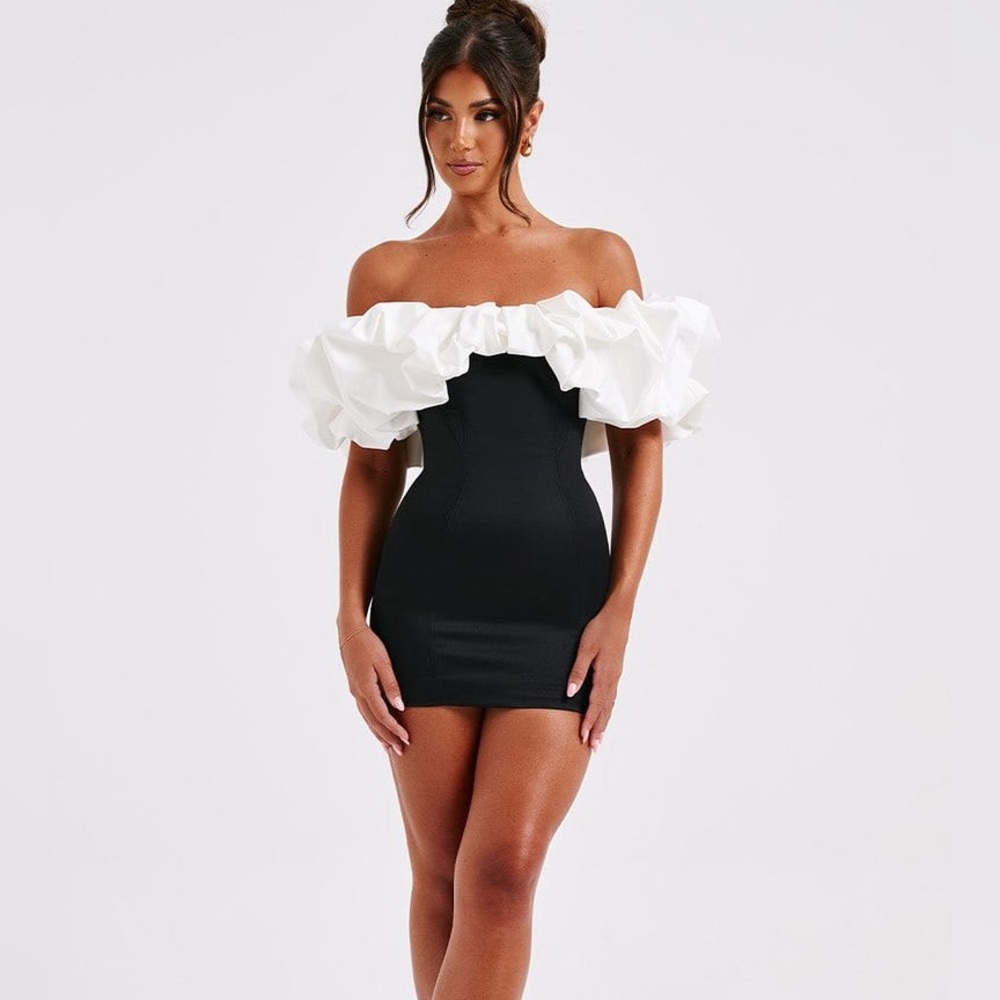 BABYBoo Off-Shoulder Black & White Ruffle Mini Dress, S